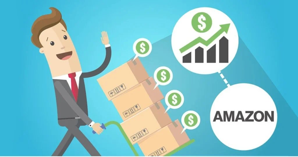 Amazon logo with financial charts and tariff symbols representing trade restrictions