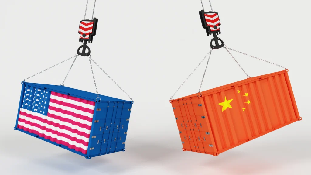 U.S. and Chinese flags facing off over cargo containers, symbolizing the trade war