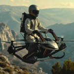 Volonaut Airbike flying above a cityscape during sunset