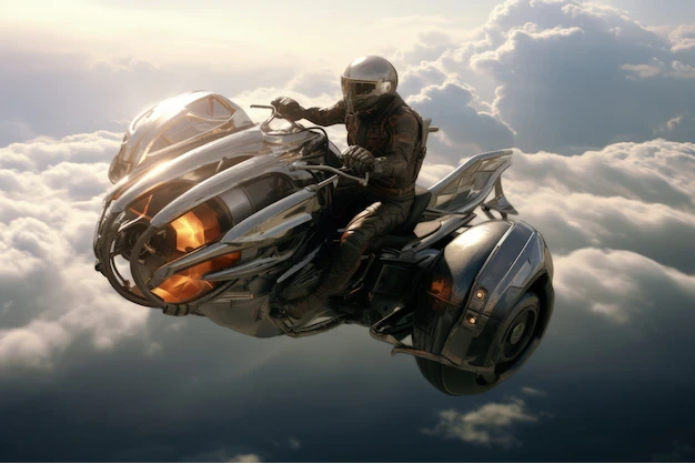 Volonaut Airbike flying above a cityscape during sunset