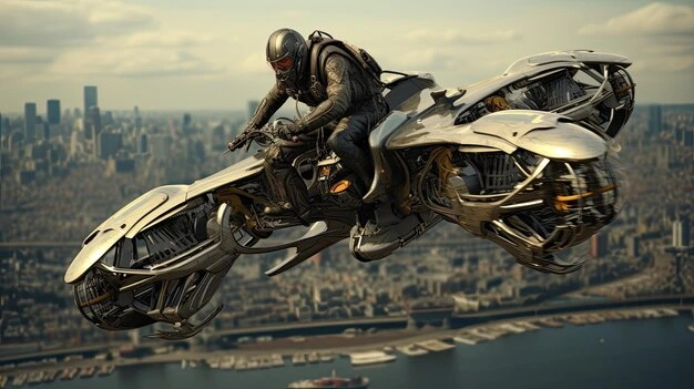 Volonaut Airbike flying above a cityscape during sunset