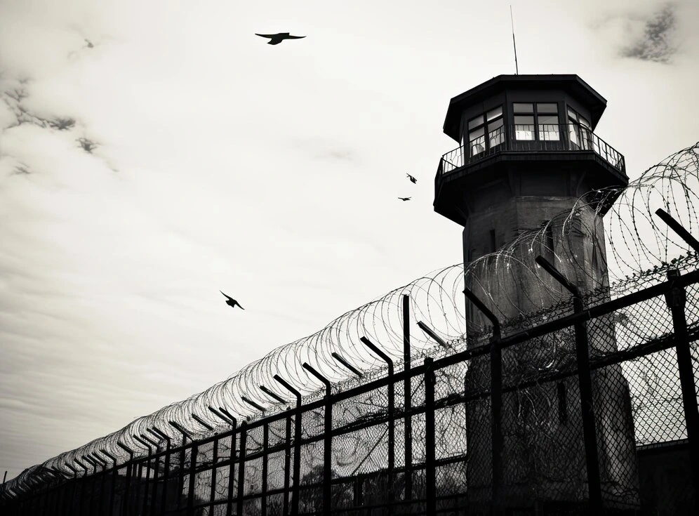 Alcatraz Island at sunset with prison buildings and an American flag in the foreground