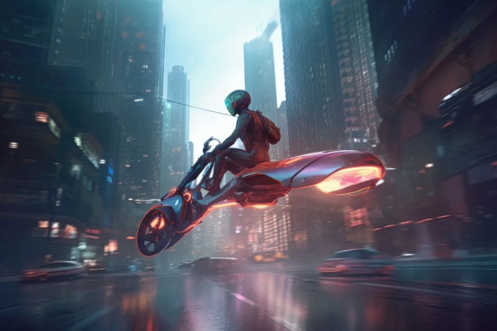 Volonaut Airbike flying above a cityscape during sunset