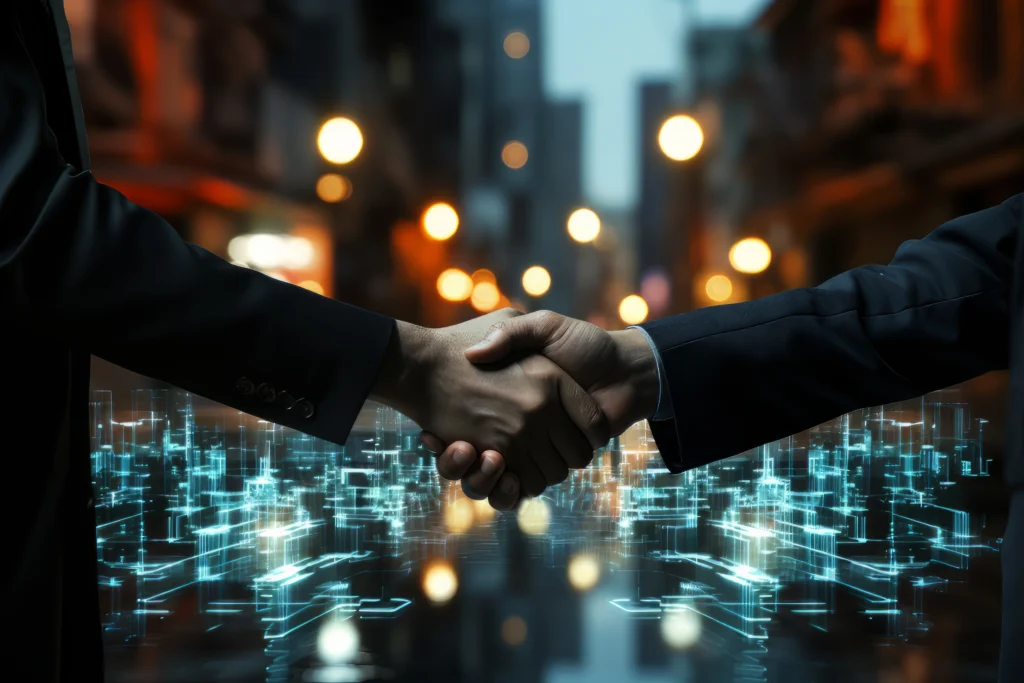 Executives from Bittium and Nokia shaking hands during a strategic partnership announcement event, with company logos in the background.
