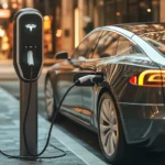 Futuristic electric cars charging at a solar-powered station in an American city