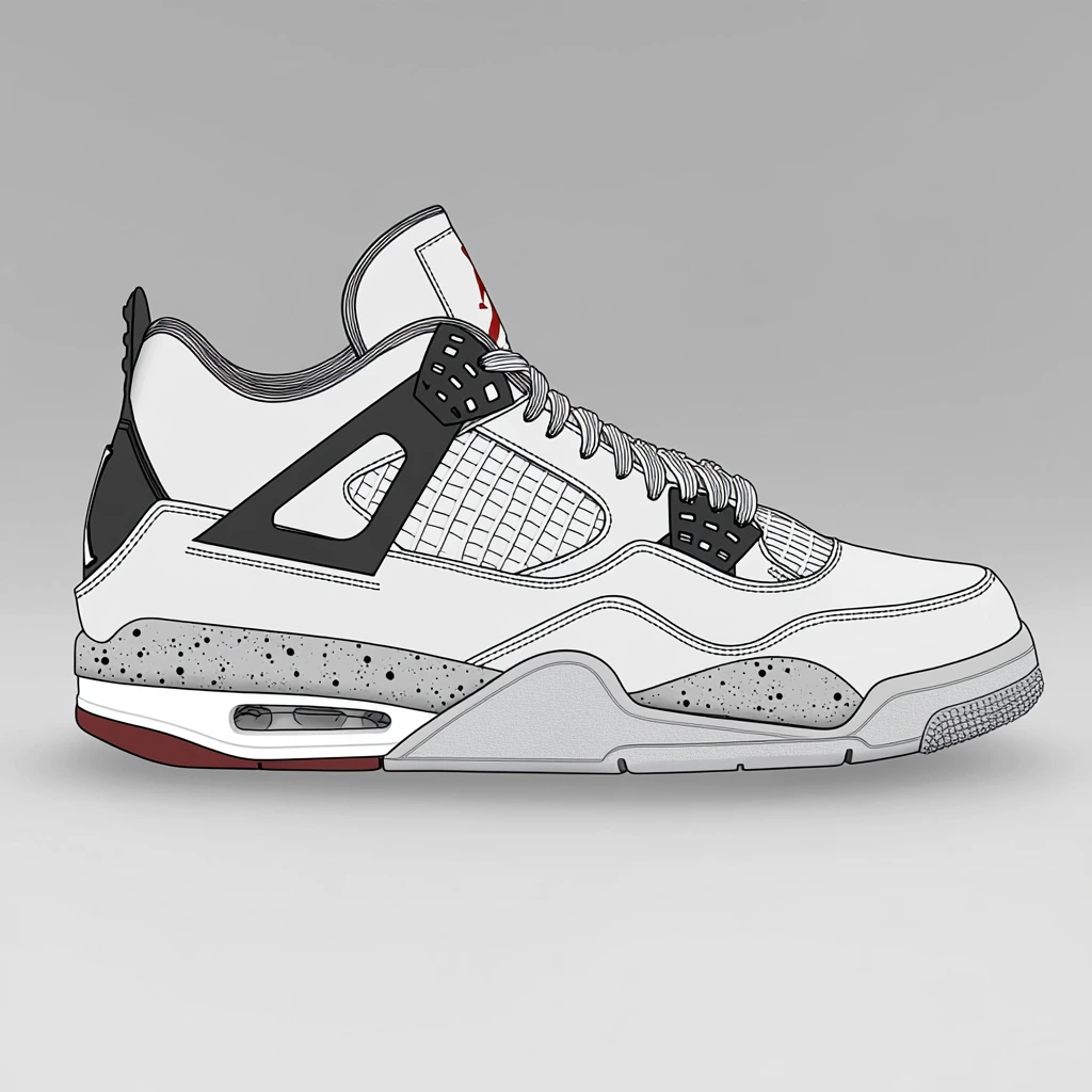 Air Jordan 4 White Cement sneakers on concrete with urban skyline in the background