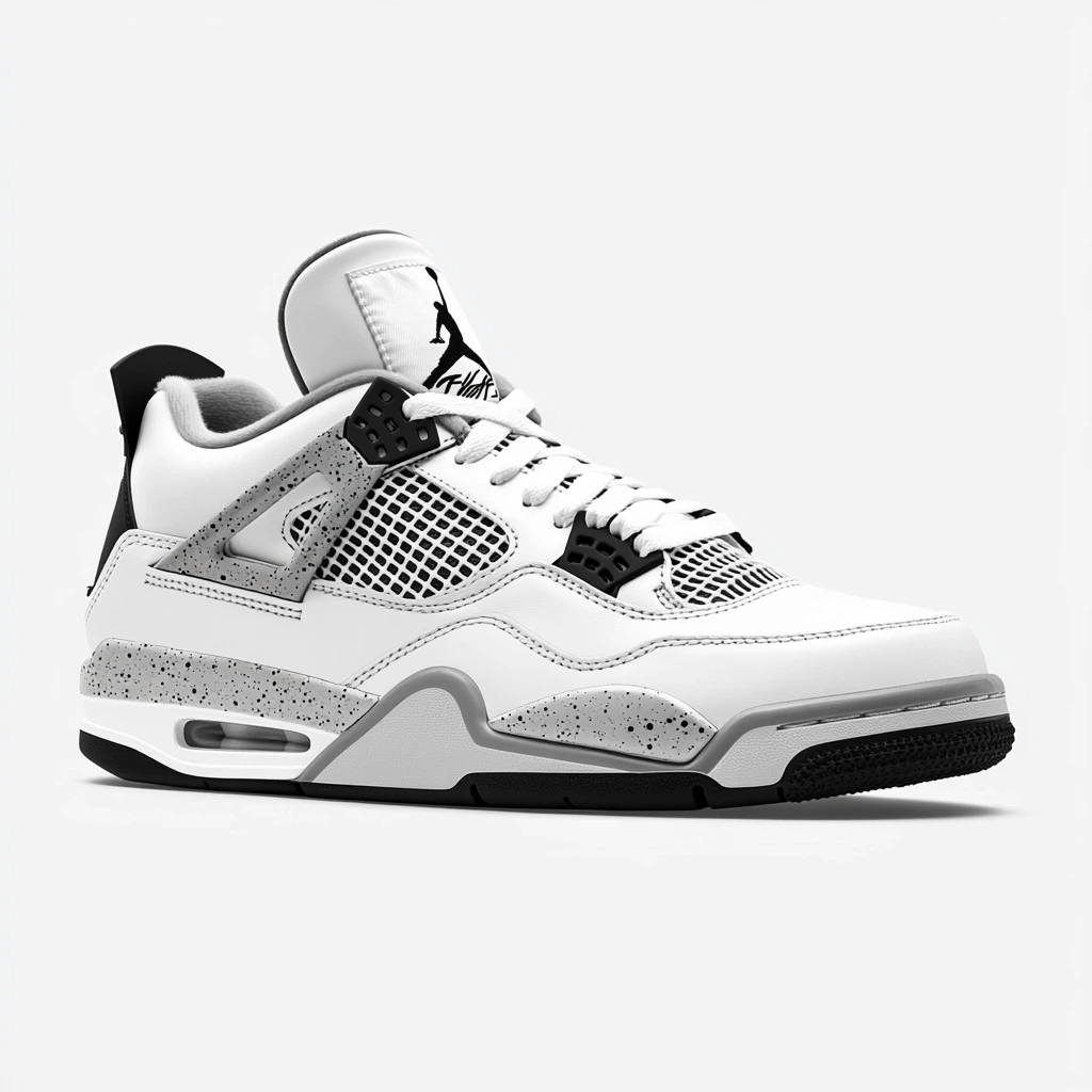 Air Jordan 4 White Cement sneakers on concrete with urban skyline in the background