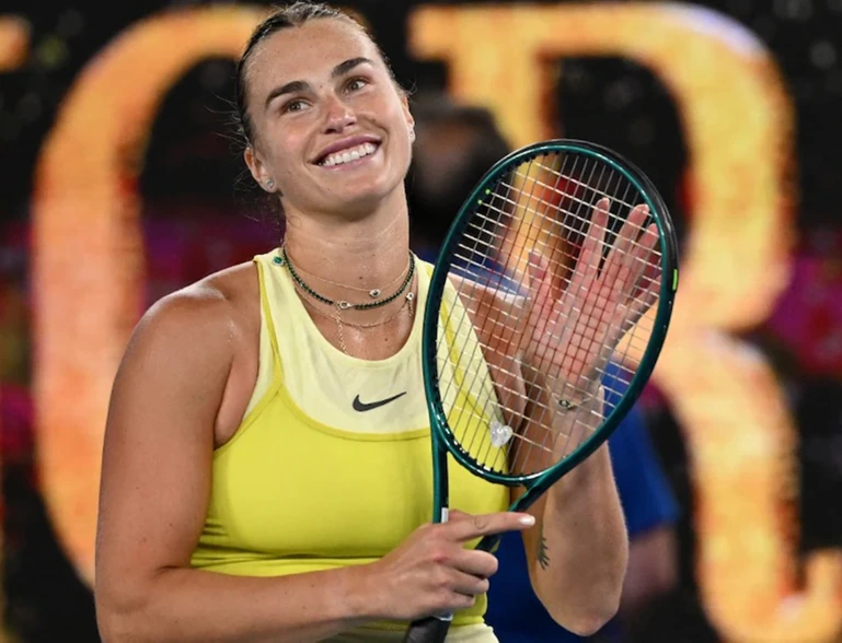 Aryna Sabalenka celebrates after defeating Iga Swiatek to reach the 2025 French Open final