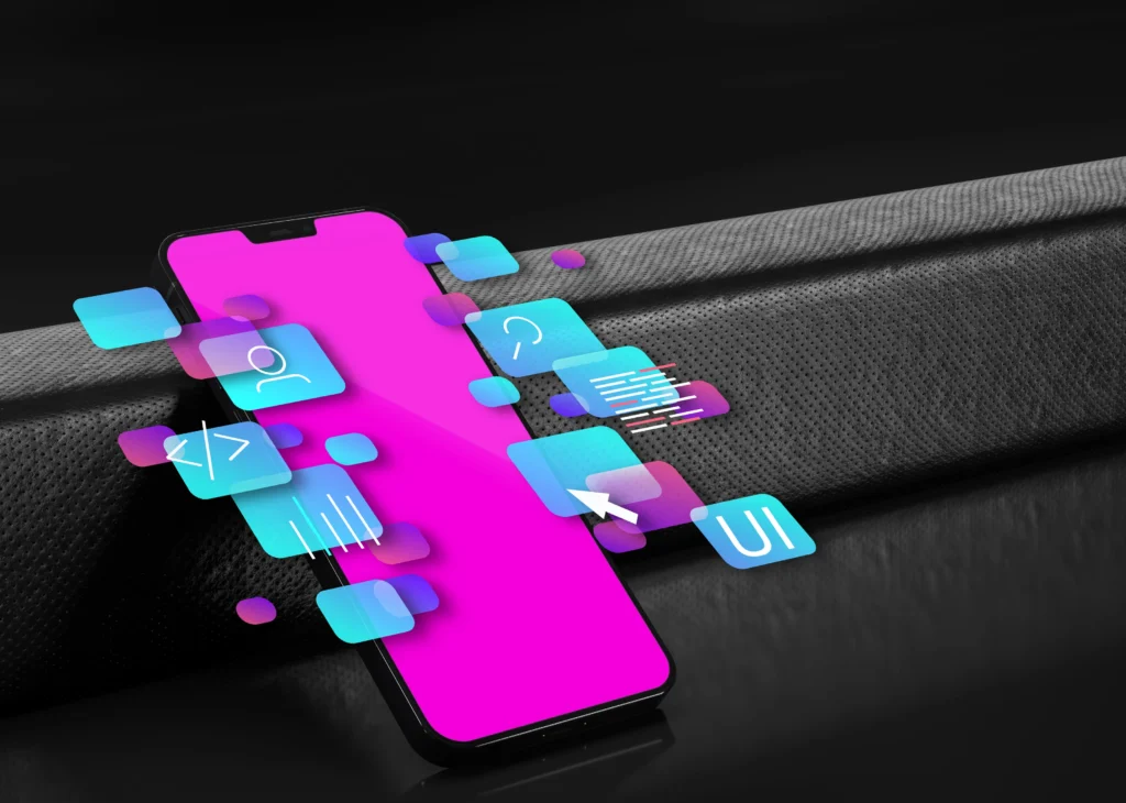 Illustration showing the evolution from iOS 19 to iOS 26 with Apple devices and futuristic UI elements