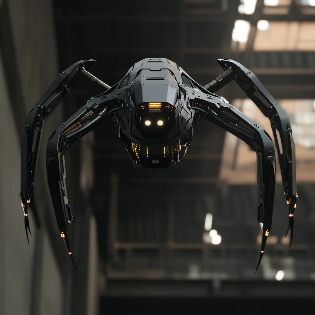 Futuristic spider-drone with mechanical legs crawling on a high-tech surface