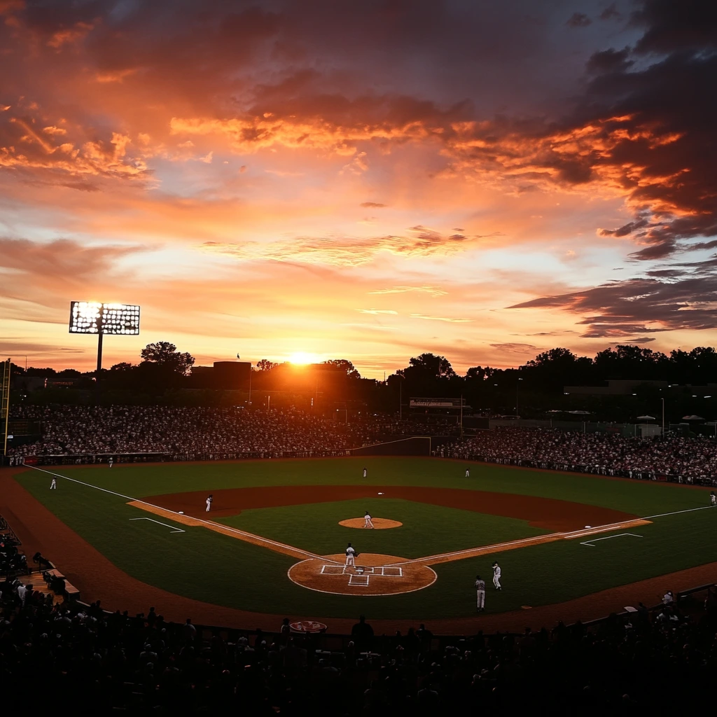 Players celebrating a dramatic win during the 2025 NCAA Baseball Super Regionals with fans cheering in the background.