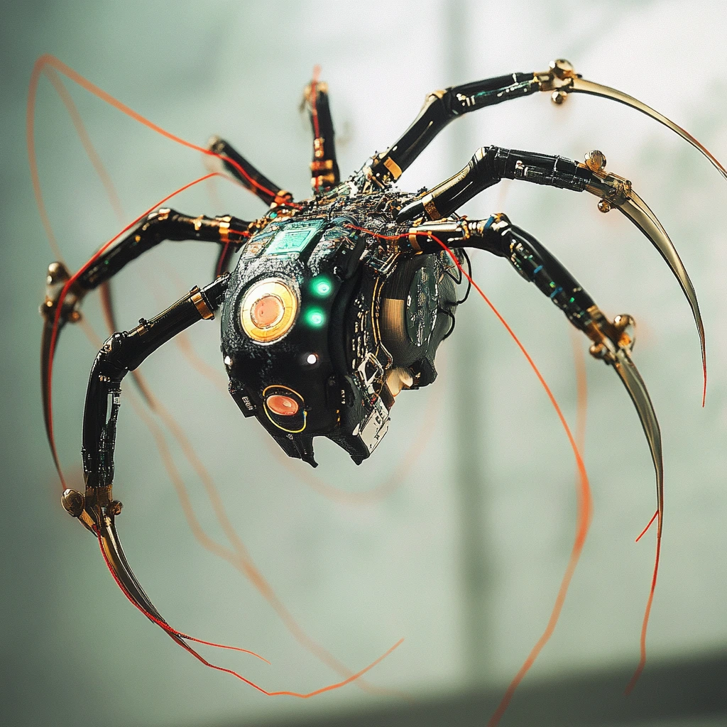 Futuristic spider-drone with mechanical legs crawling on a high-tech surface
