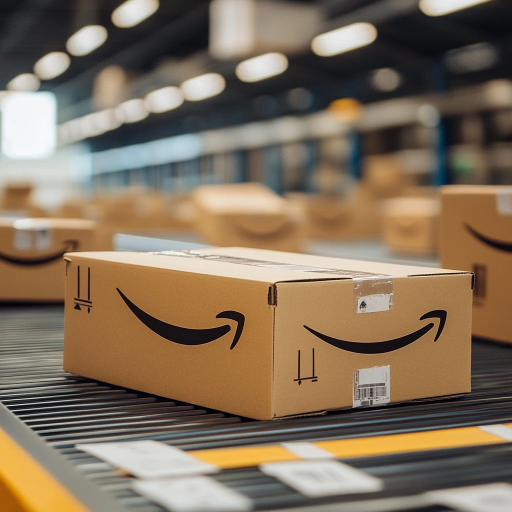 A futuristic humanoid robot developed by Amazon, walking through a warehouse carrying a delivery package.