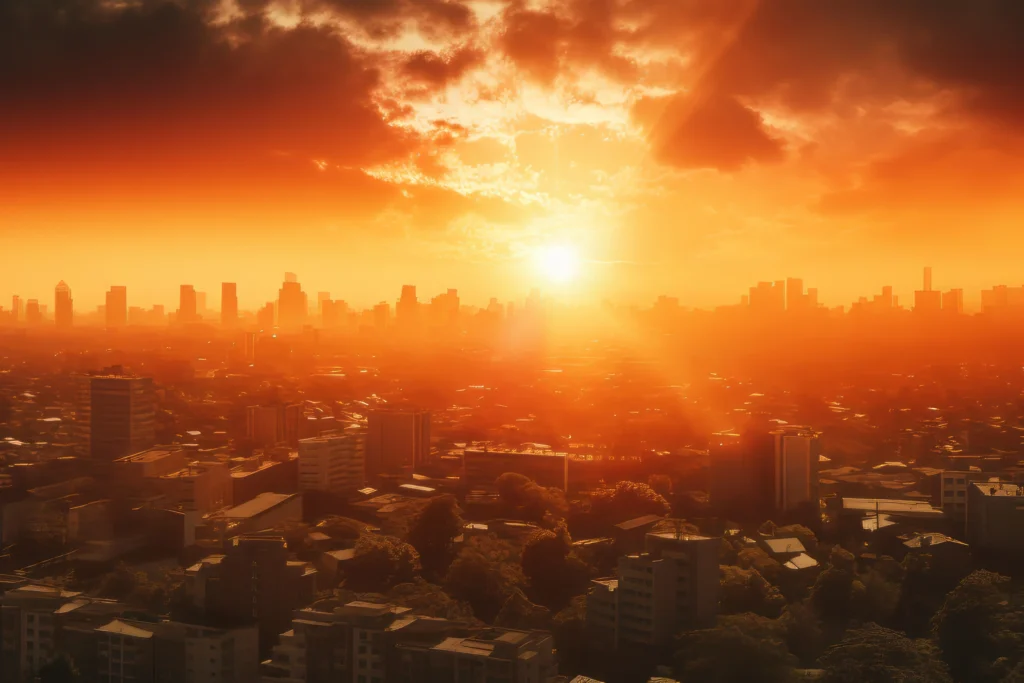 Aerial view of a scorched landscape with cracked earth, dried-up riverbeds, and intense sun overhead, symbolizing the impact of global heatwaves in 2025.
