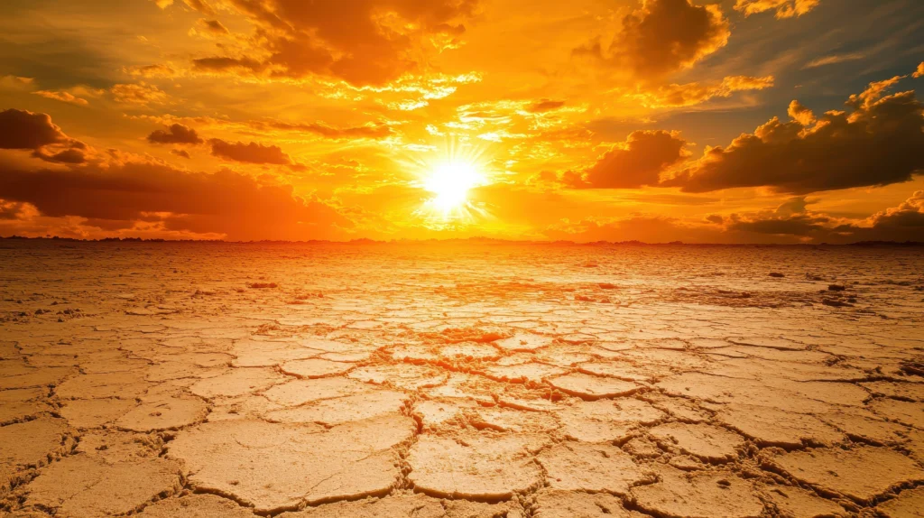 Aerial view of a scorched landscape with cracked earth, dried-up riverbeds, and intense sun overhead, symbolizing the impact of global heatwaves in 2025.