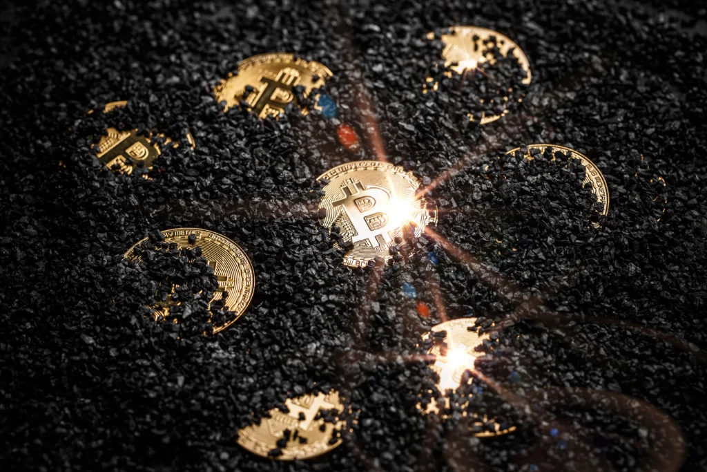 Bitcoin symbol in front of an upward-trending chart showing price surge