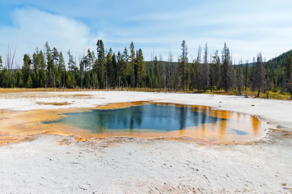 Hydrothermal eruption at Black Diamond Pool in Yellowstone National Park, releasing steam and debris into the air.