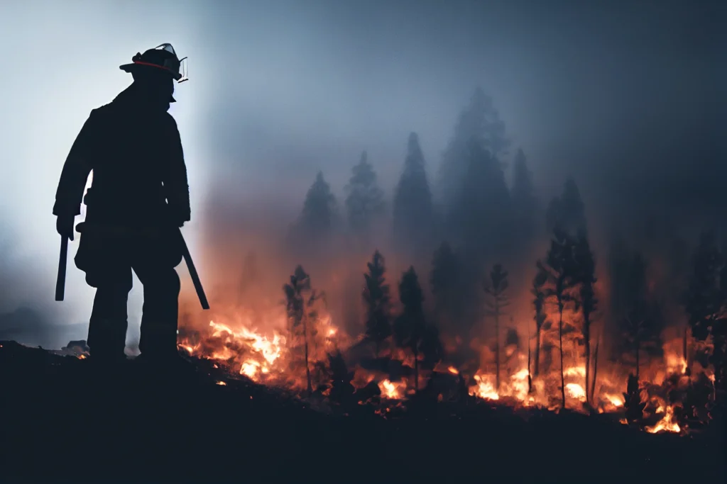 Smoke rises from a massive California wildfire engulfing hills and trees.