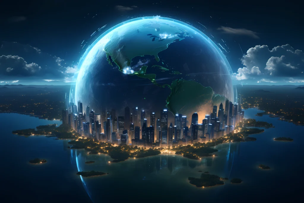 Global population growth illustrated with diverse people icons and world map"