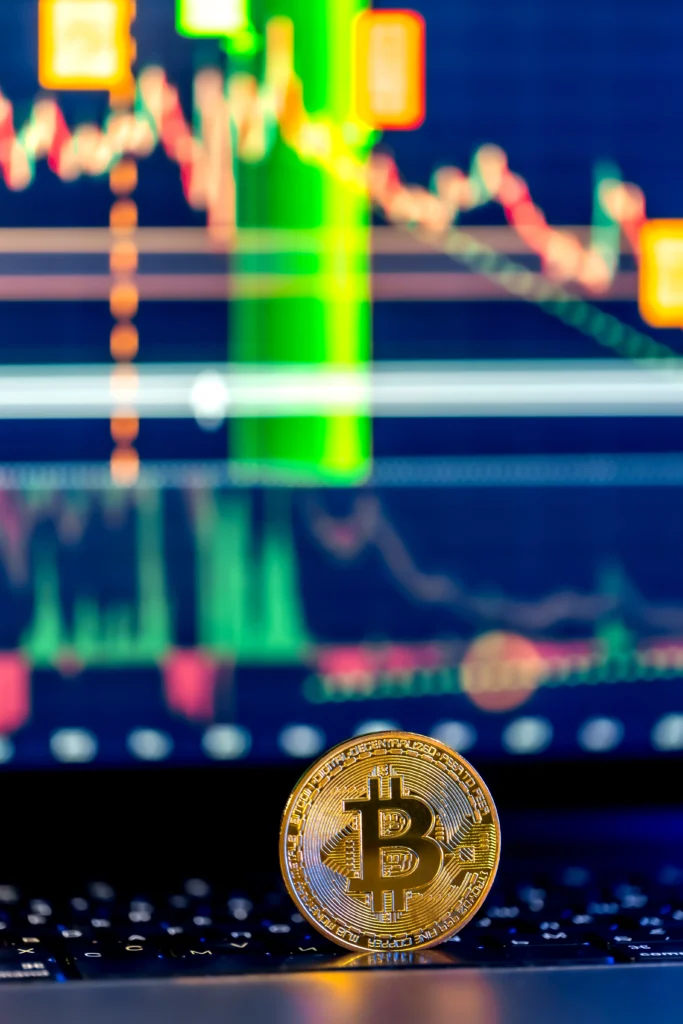 Bitcoin symbol in front of an upward-trending chart showing price surge
