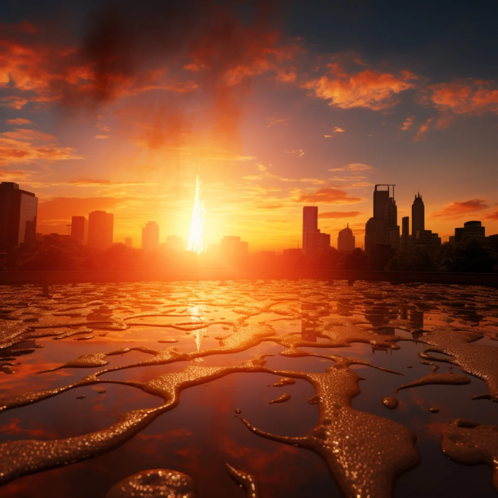 Aerial view of a scorched landscape with cracked earth, dried-up riverbeds, and intense sun overhead, symbolizing the impact of global heatwaves in 2025.