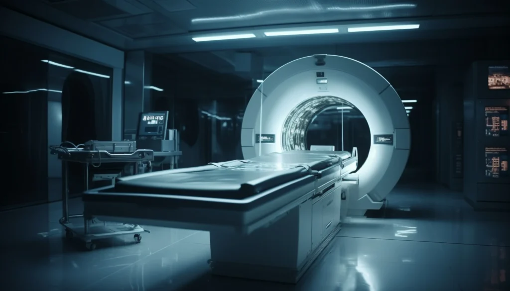 MRI machine in a hospital room with safety warning signs