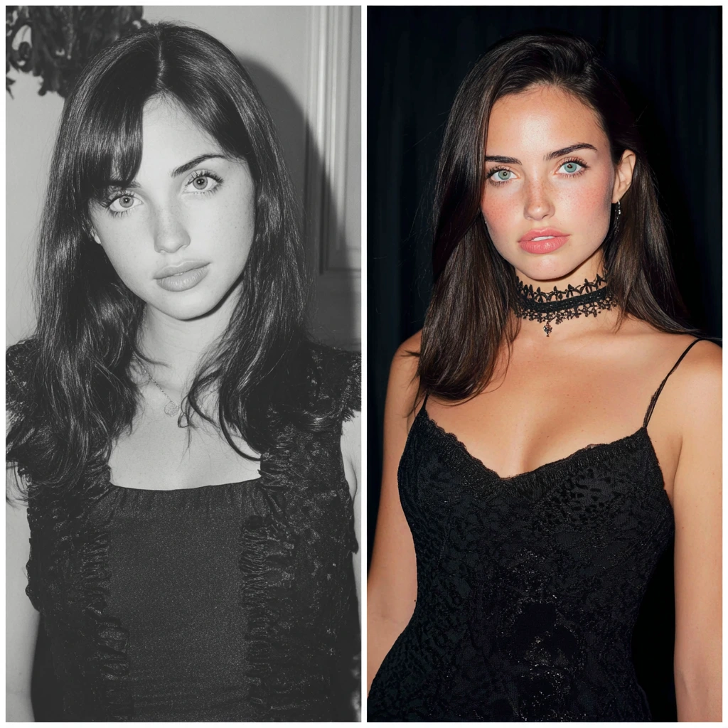 Ana de Armas in a glamorous red carpet look, smiling confidently at a premiere event