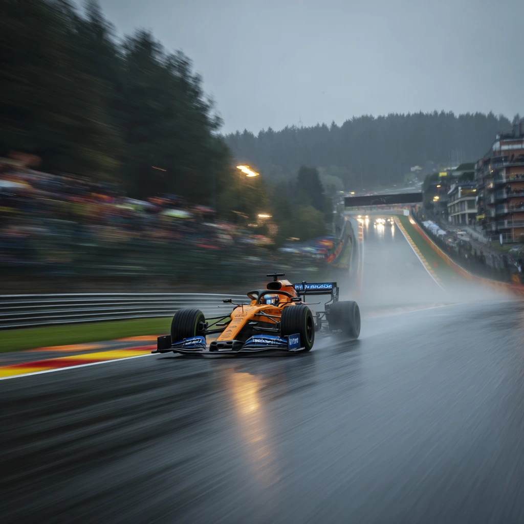 Max Verstappen celebrates after winning the 2025 Belgian Grand Prix at Spa-Francorchamps in wet conditions.