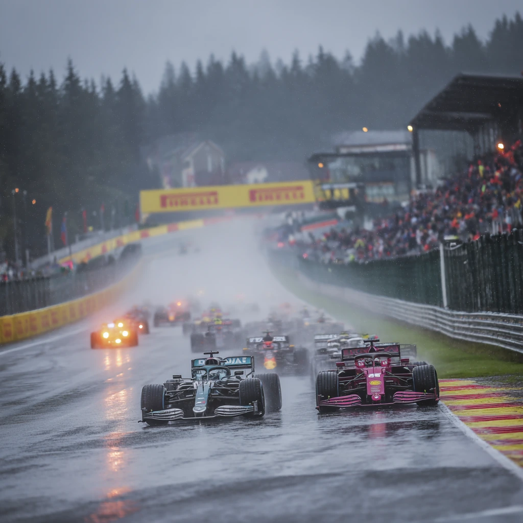 Max Verstappen celebrates after winning the 2025 Belgian Grand Prix at Spa-Francorchamps in wet conditions.