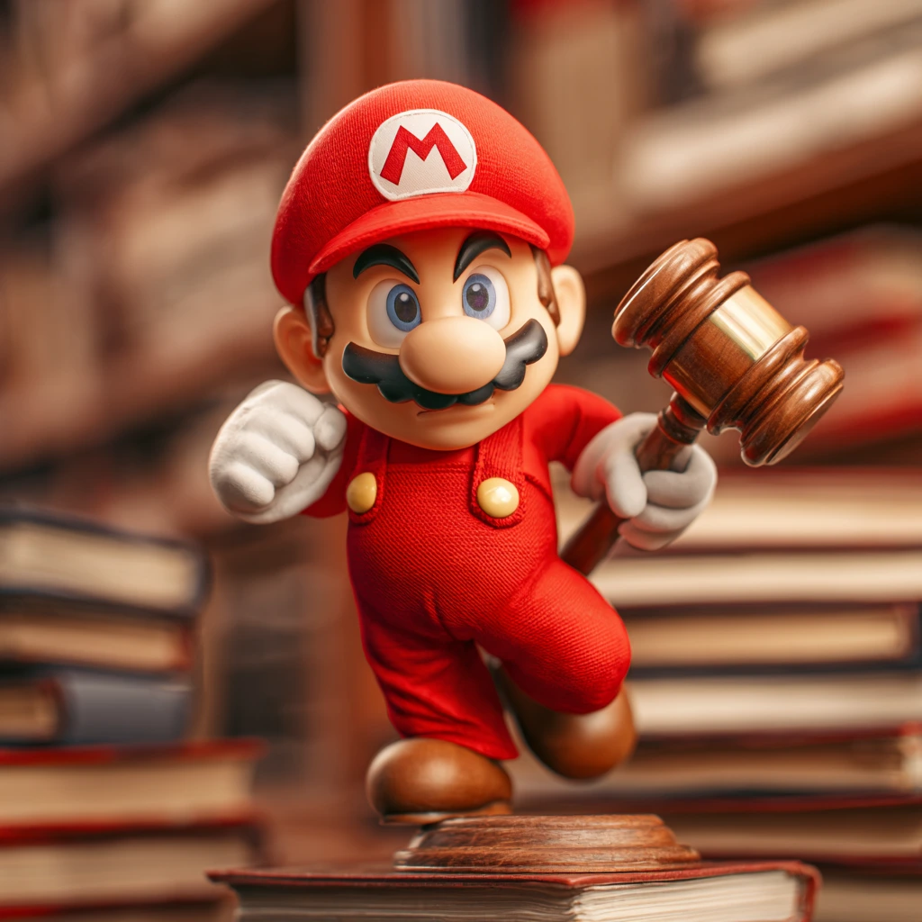 Image of a courtroom with Nintendo logo and Palworld game characters, symbolizing the ongoing lawsuit between Nintendo and Palworld