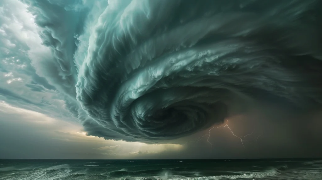 A satellite view of a powerful Hurricane Erin with a clear eye, swirling over the ocean as it approaches the coastline