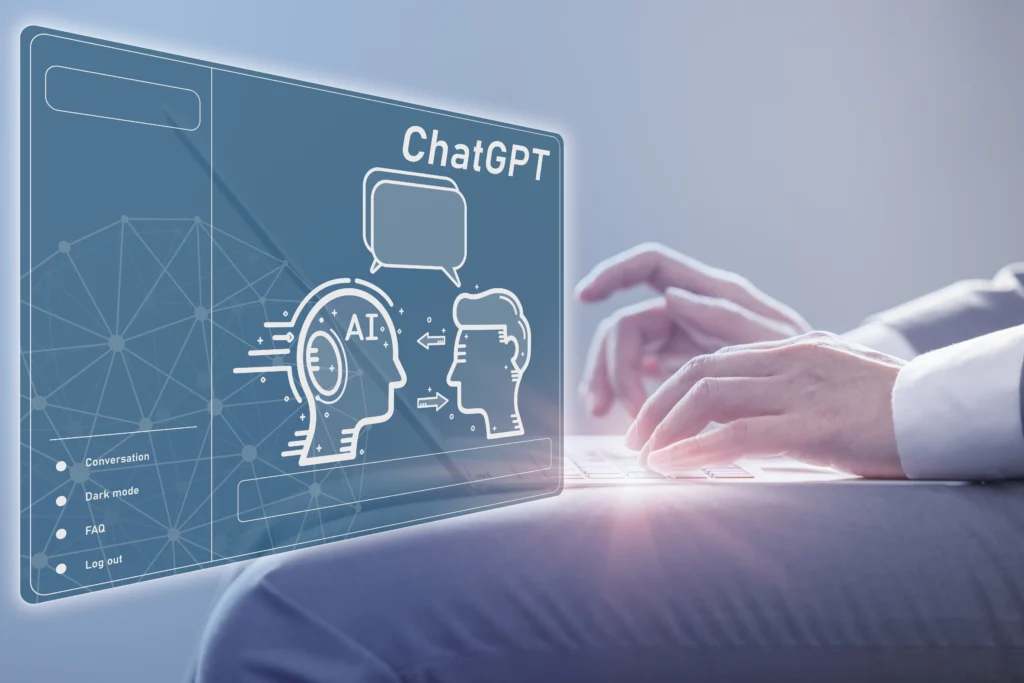 ChatGPT 5 interface on a futuristic digital screen with AI icons and glowing data streams