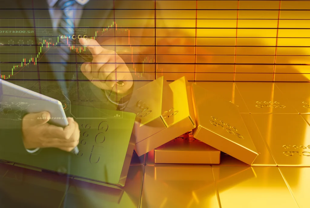Gold bars stacked with a rising graph overlay symbolizing soaring gold prices amid global market turmoil.