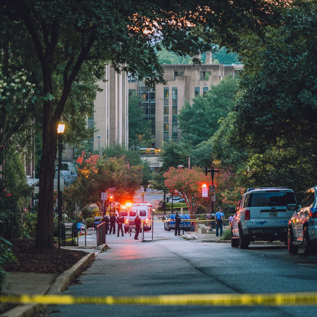 Police officers stand solemnly beside a memorial of flowers and an American flag, honoring fallen Officer David Rose near the CDC campus in Atlanta.