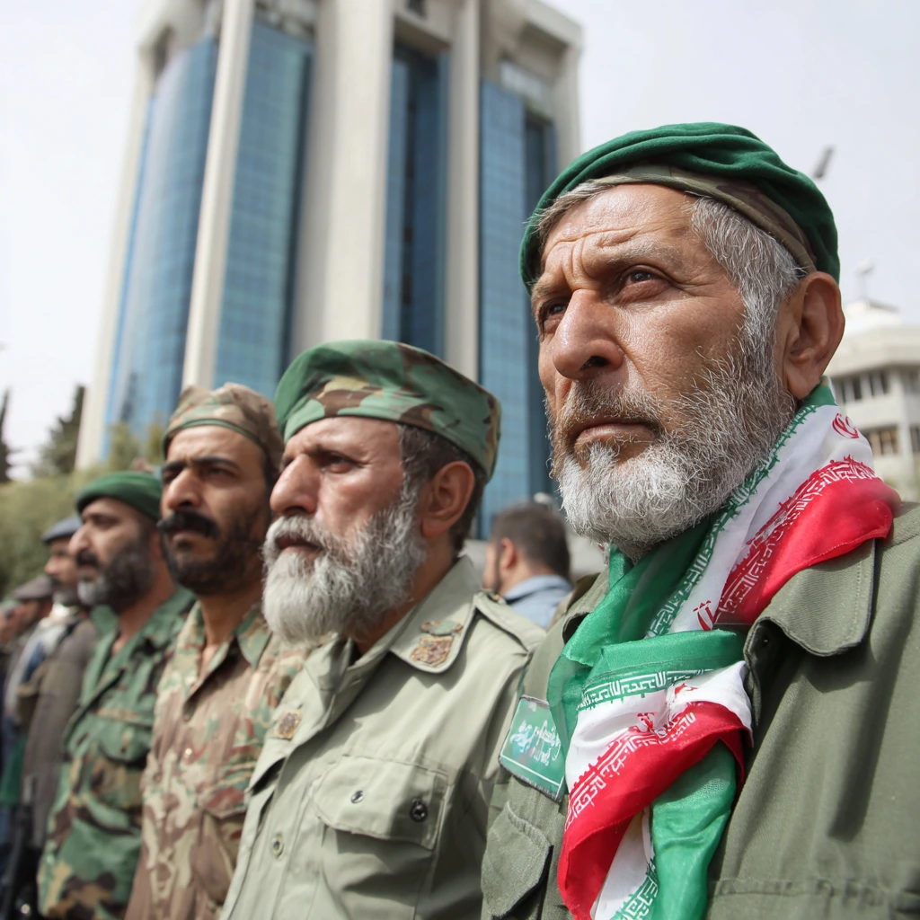 Iran Revolutionary Guard soldiers standing in formation as tensions rise with the US and Israel.