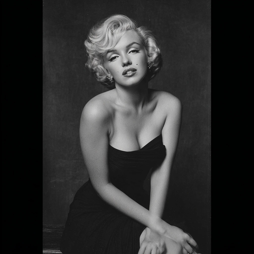 Marilyn Monroe posing in a classic white dress, capturing her timeless beauty and iconic status