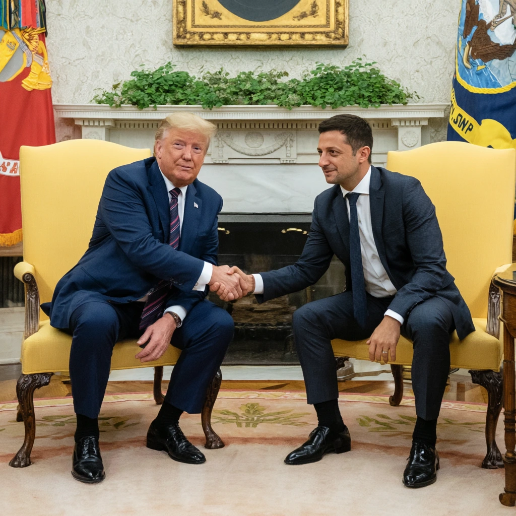 Trump and Zelenskyy shaking hands during the White House summit on Ukraine peace efforts.