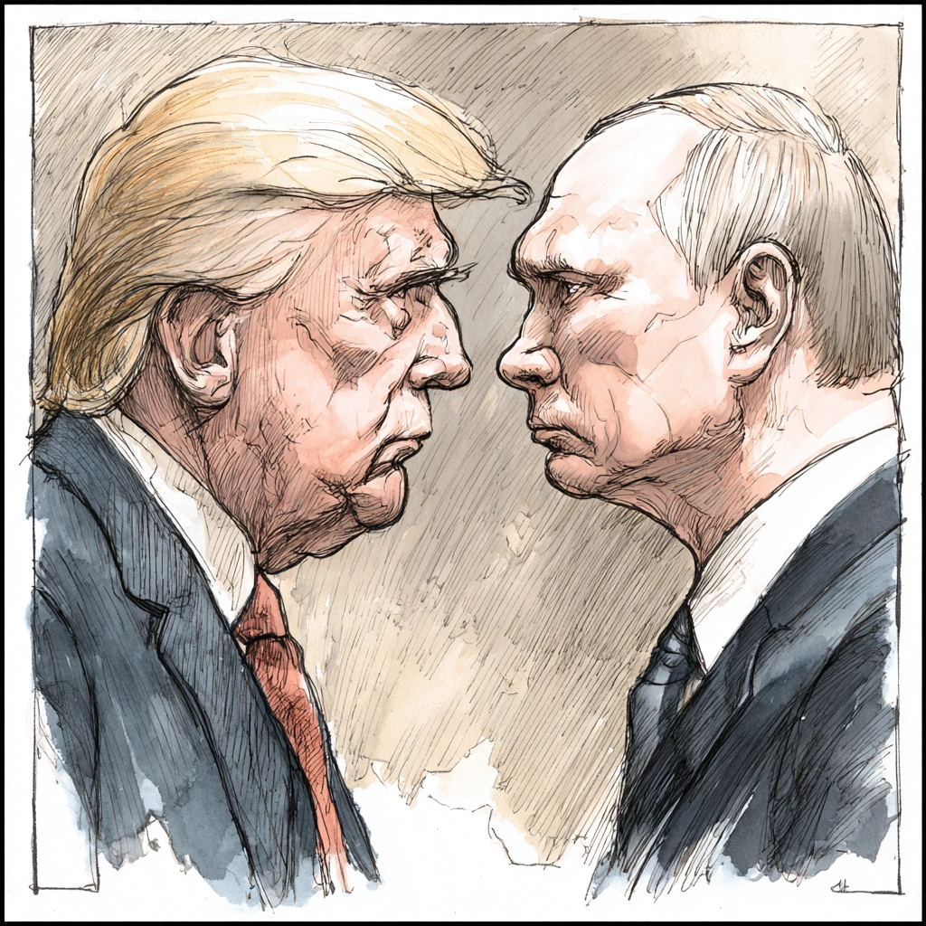 Trump and Putin shaking hands during the 2025 Alaska summit