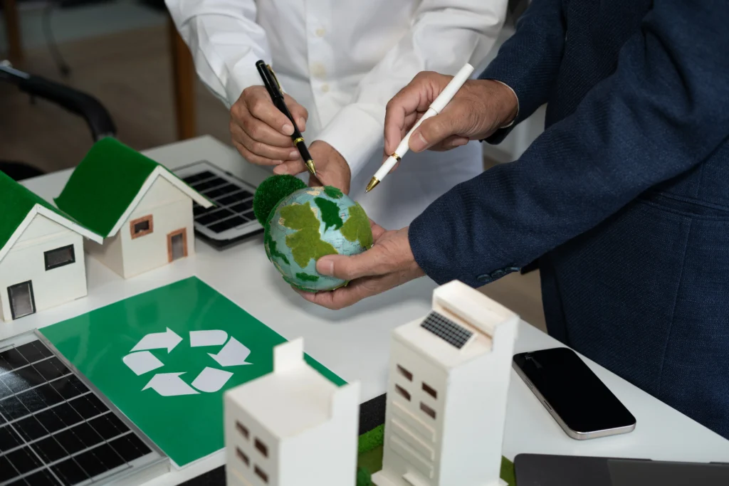 The environmental impact of e-waste, showing discarded electronics and hazardous materials leaching into the environment