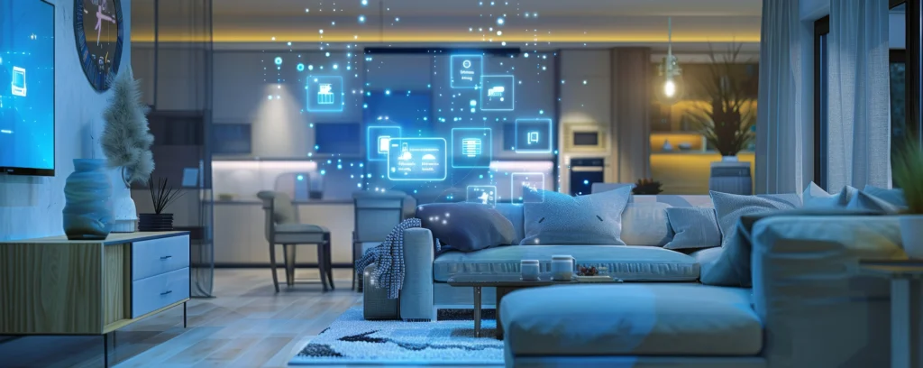 Modern smart home with AI-powered devices, sustainable energy solutions, and futuristic technology.