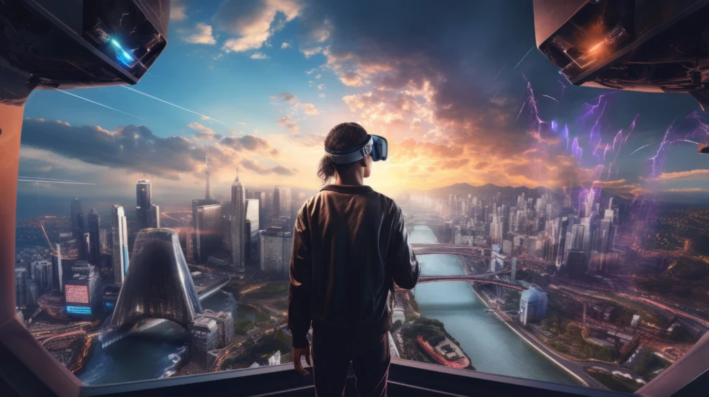 A young man experiences virtual travel at home with a VR headset, exploring landmarks like Mount Fuji, the Eiffel Tower, and the Pyramids of Giza.