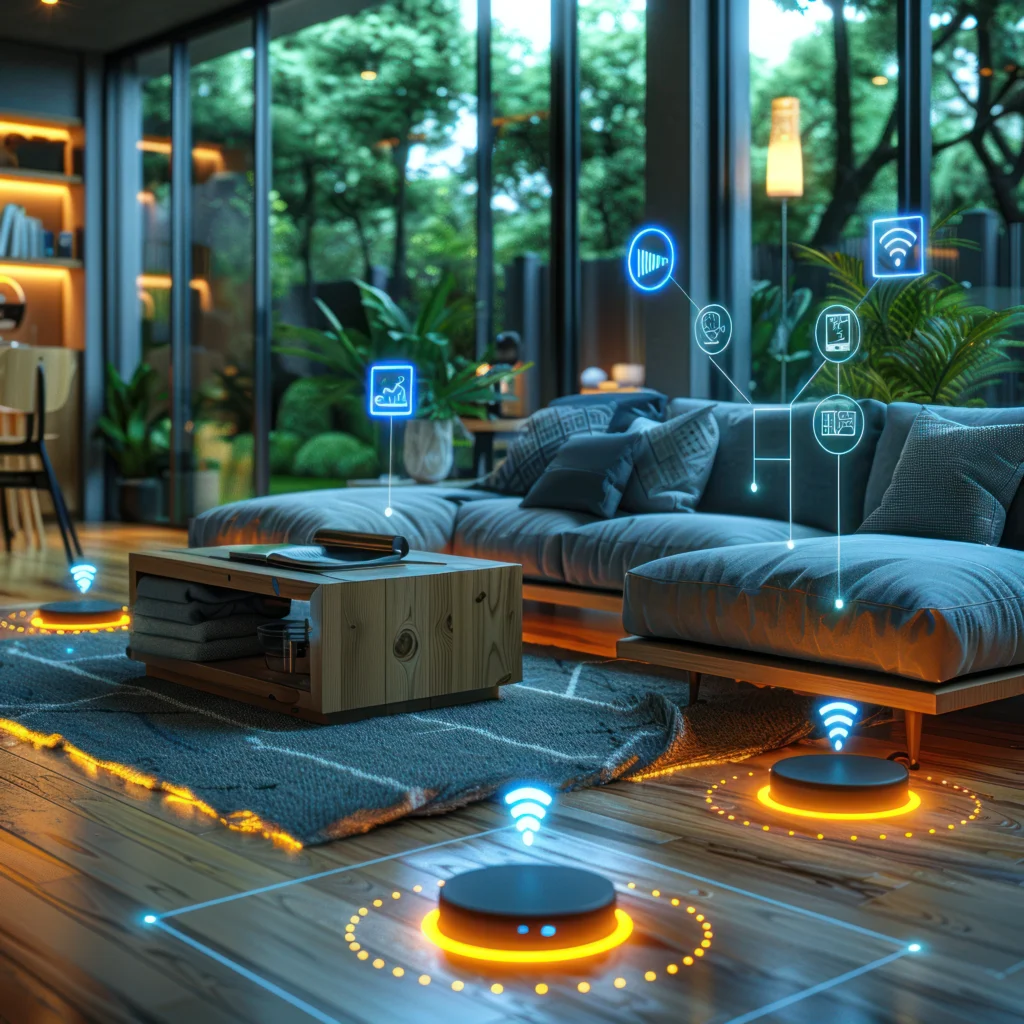 Modern smart home with AI-powered devices, sustainable energy solutions, and futuristic technology.