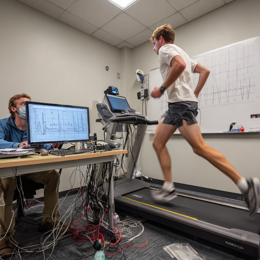 Average Treadmill Stress
Middle-aged man performing treadmill stress test under medical supervision