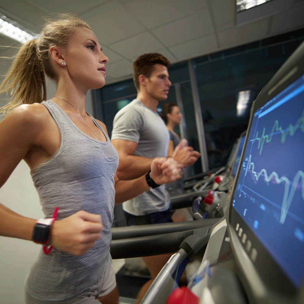 Middle-aged man performing treadmill stress test under medical supervision
