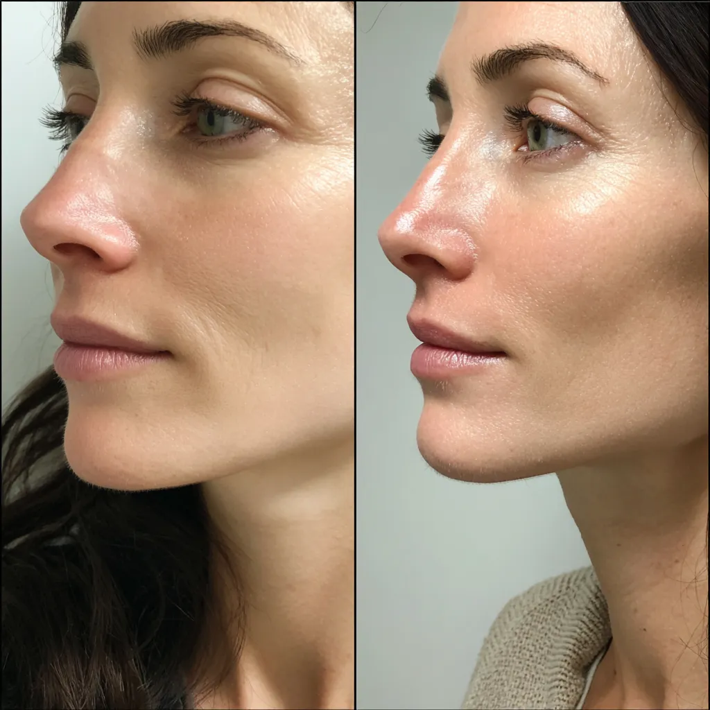 Side profile comparison of chin filler and chin implant results showing improved facial balance