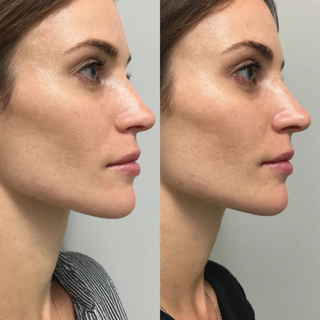 Side profile comparison of chin filler and chin implant results showing improved facial balance
