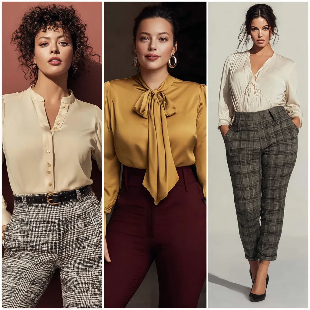 Plus-size woman in a stylish business casual outfit, featuring a tailored blazer, trousers, and a blouse, standing confidently in a professional setting.