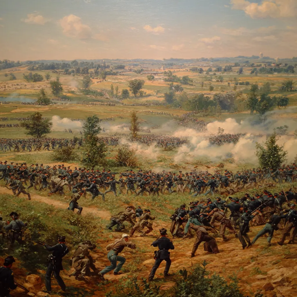 Union and Confederate soldiers engage in fierce combat during the Battle of Antietam, September 17, 1862, marking one of the bloodiest days in American history."