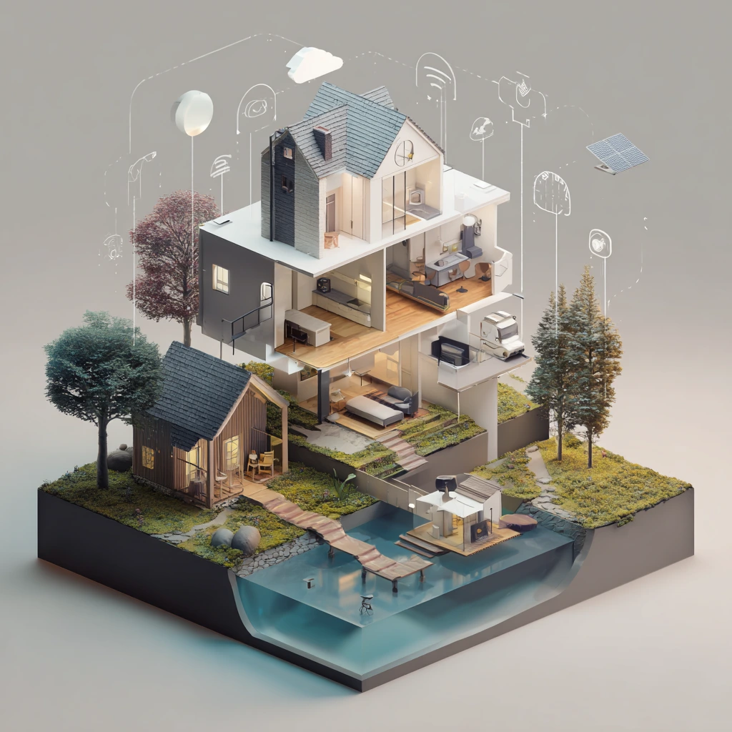 Modern smart home with AI-powered devices, sustainable energy solutions, and futuristic technology.