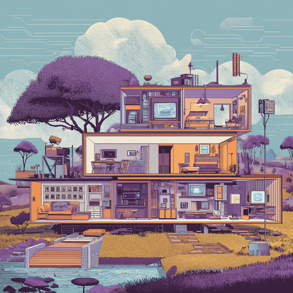 Modern smart home with AI-powered devices, sustainable energy solutions, and futuristic technology.